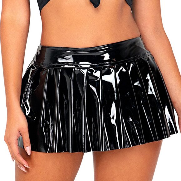 Vinyl Pleated Mini Skirt - Black - Picture 1 of 4